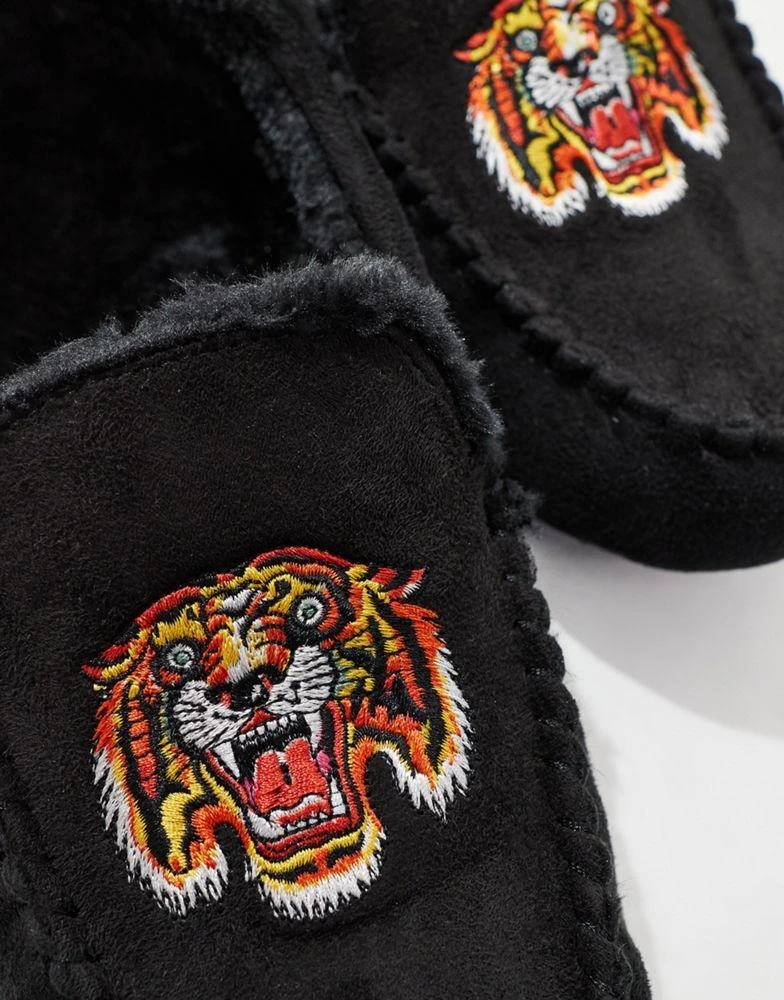 Ed Hardy Ed Hardy moccasin slippers with embroidered tiger face in black 3