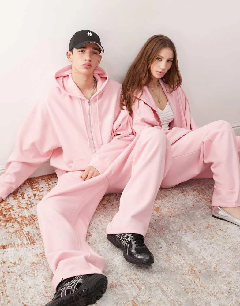 COLLUSION COLLUSION Unisex zip through hoodie co-ord with co-ordinate print in pink 1