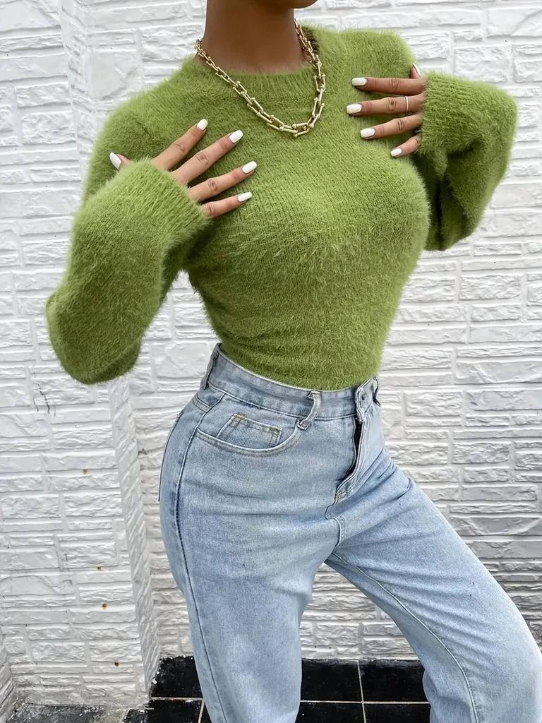 Miss Sparkling Fuzzy Open Back Sweater In Green 5