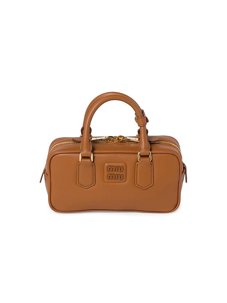 【MIU MIU】LOGO HANDBAG Miu Miu logo-embossed Leather Shoulder Bag | Brown | FARFETCH