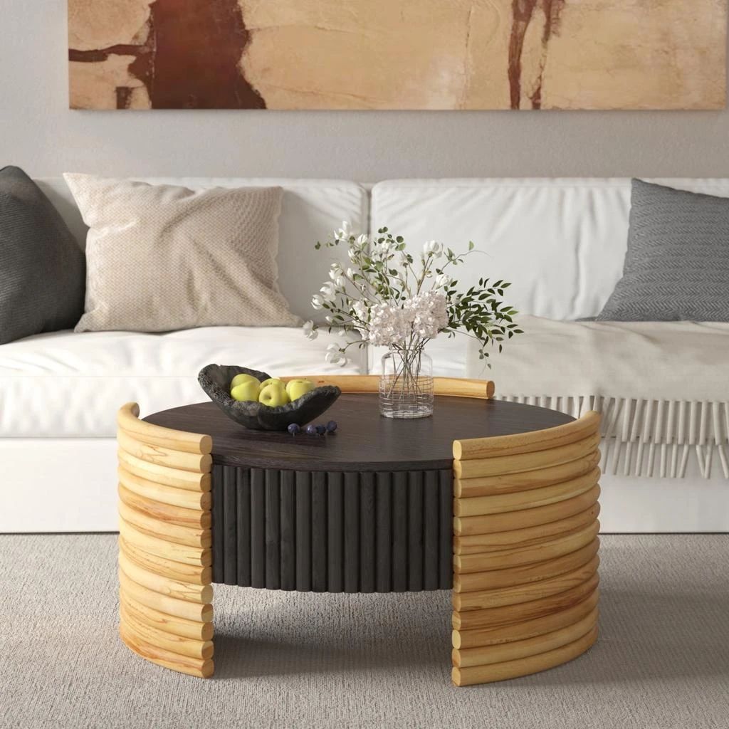 Streamdale Furniture Streamdale Modern Colorblocked Striped Coffee Table with Flip Top Storage - Dark Brown/Wood 2