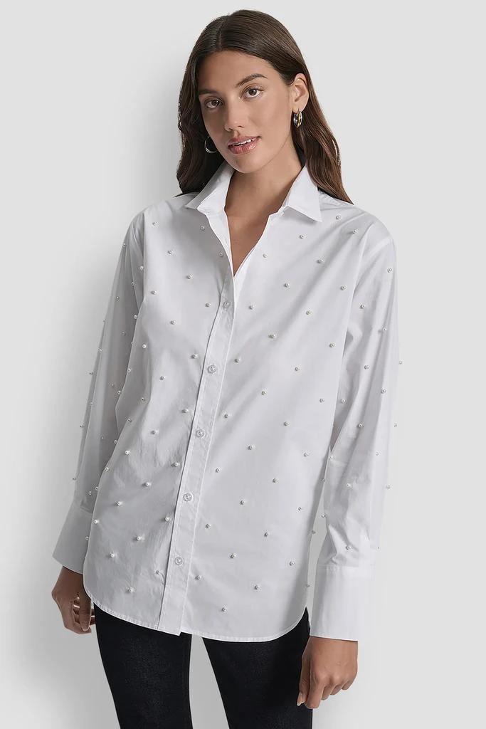 DKNY Jeans Faux Pearl Embellished Button-Up Shirt in White at Nordstrom Rack, Size X-Small