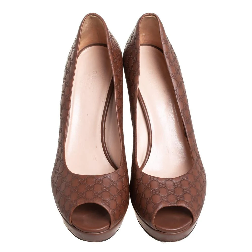 Gucci Gucci Brown Microguccissima Leather Peep Toe Platform Pumps Size 38.5 3