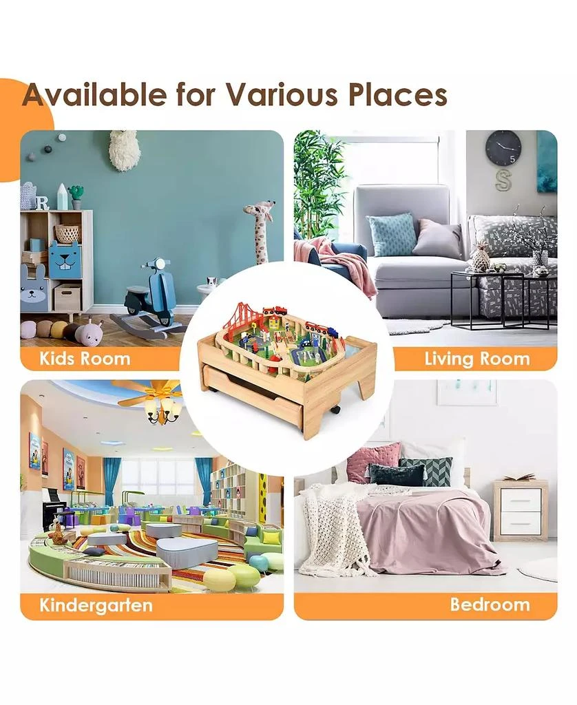 SUGIFT Children
s Wooden Railway Set Table with 100 Pieces Storage Drawers 4