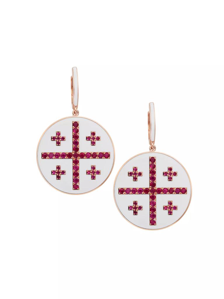 Ileana Makri Liberty 18K Rose Gold, Enamel & Ruby Jerusalem Cross Drop Earrings