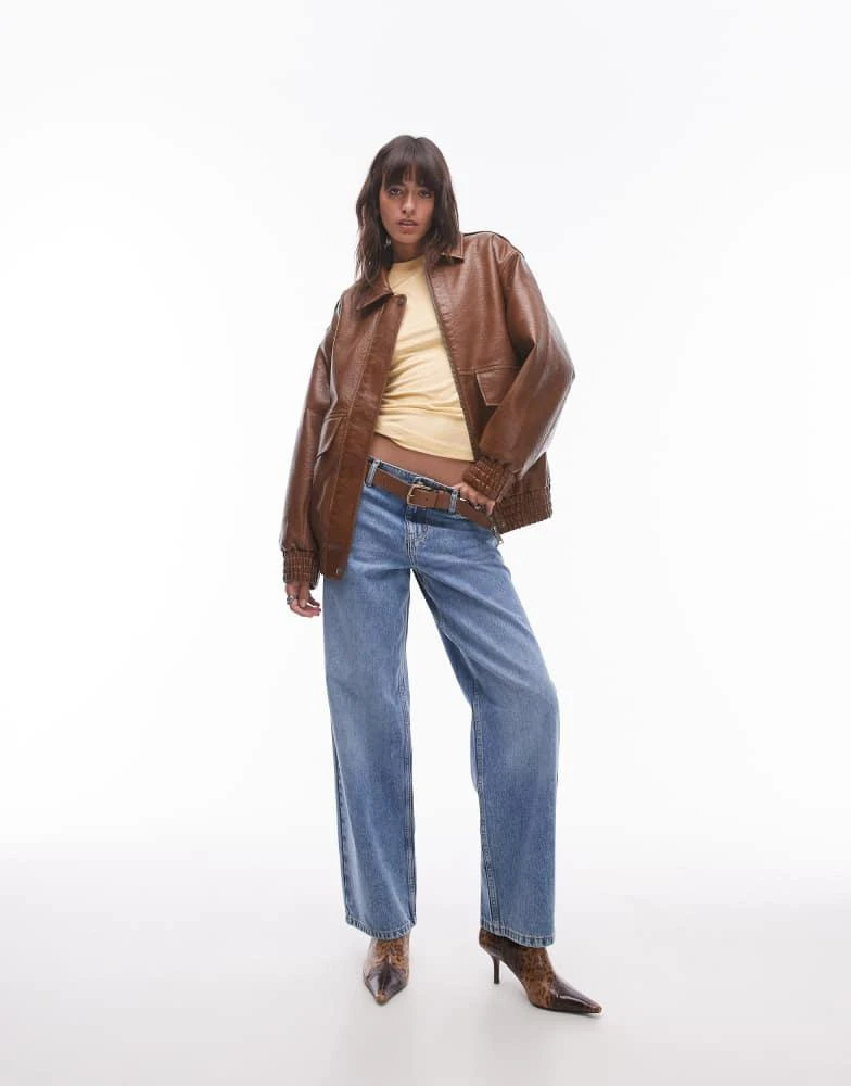 Topshop Topshop faux leather oversized bomber jacket in tan 2