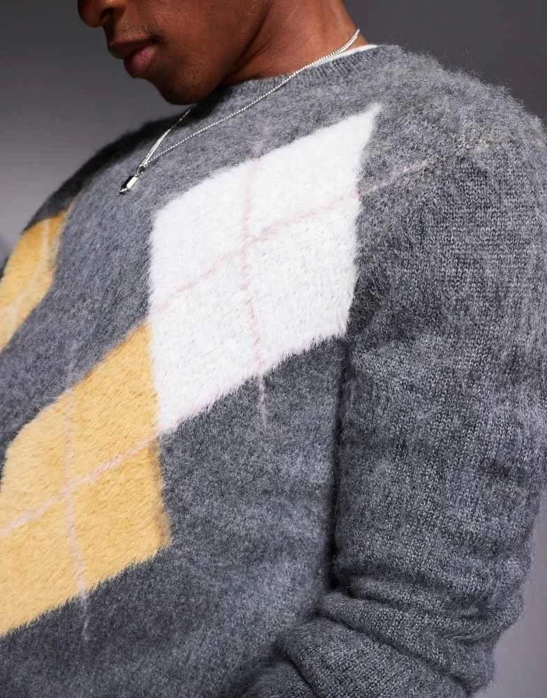 ASOS ASOS DESIGN knitted crew neck jumper with argyle pattern in grey 3