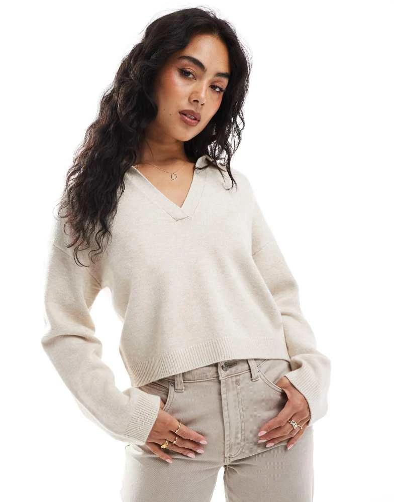 Cotton:On Cotton On knitted v neck polo sweater in stone 2