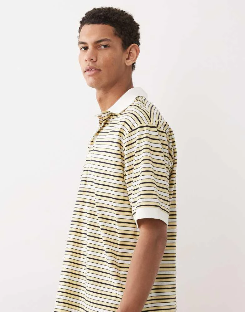 ARKET ARKET pure cotton jersey short sleeve polo shirt in yellow multi stripe 4