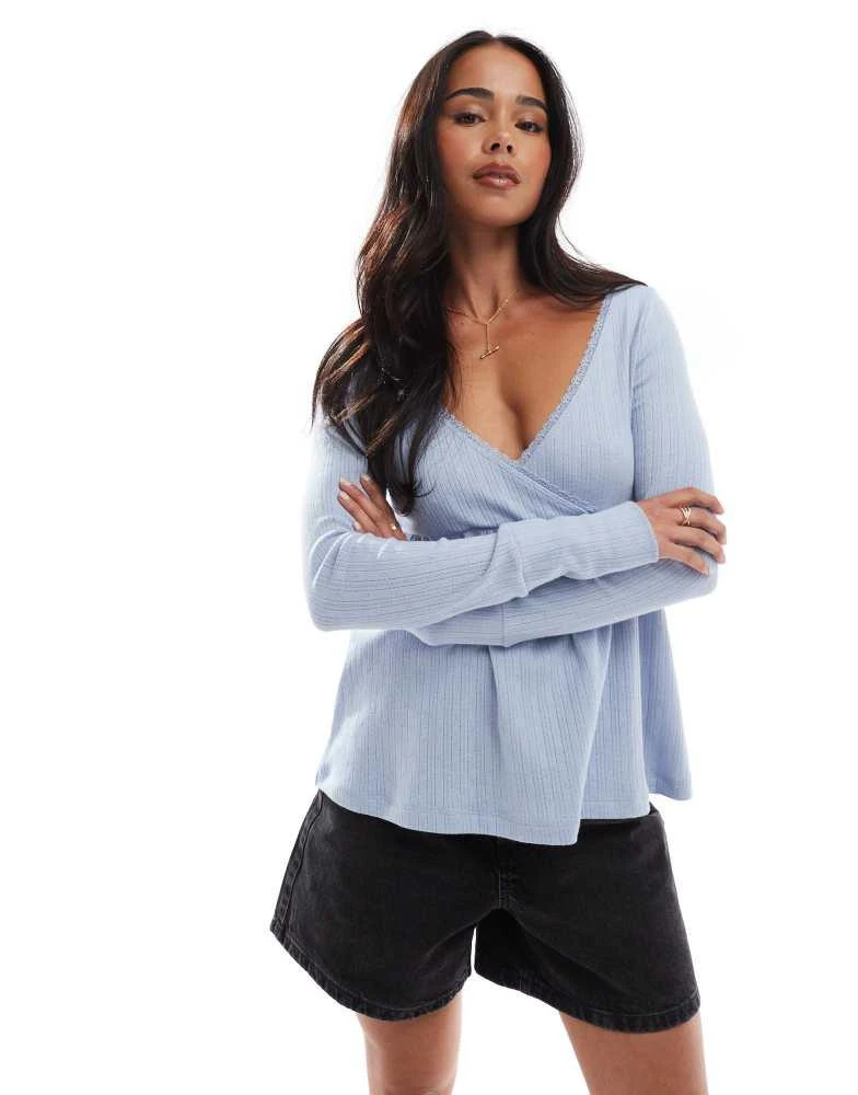 HOLLISTER Hollister long sleeve babydoll pointelle i top in blue 1