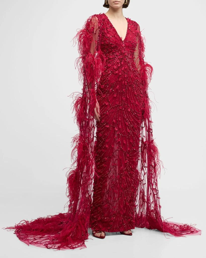 Pamella Roland Raspberry Sequined Feather-Trim Cape Column Gown 4