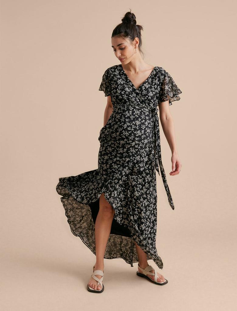 A Pea in the Pod Flutter Sleeve Faux Wrap Maternity Dress