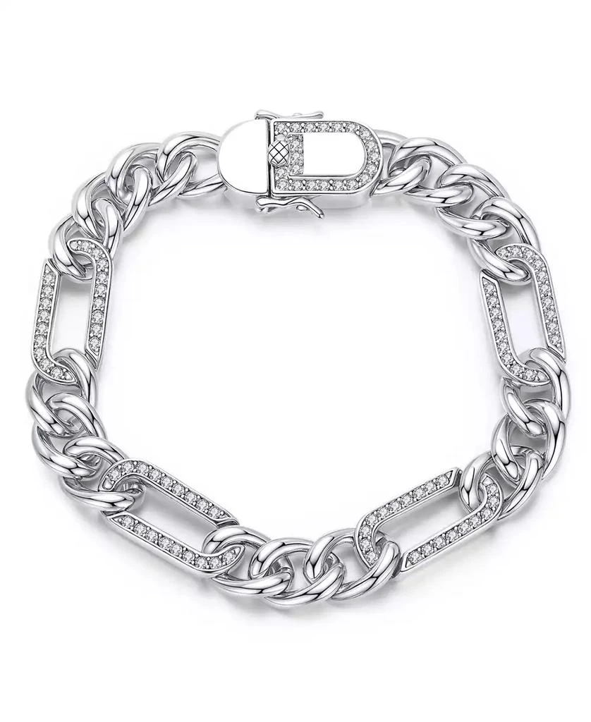 Genevive Men
s Sterling Silver White Gold Plated with Iced Out Cubic Zirconia Paper Clip Curb Chain Bracelet 6