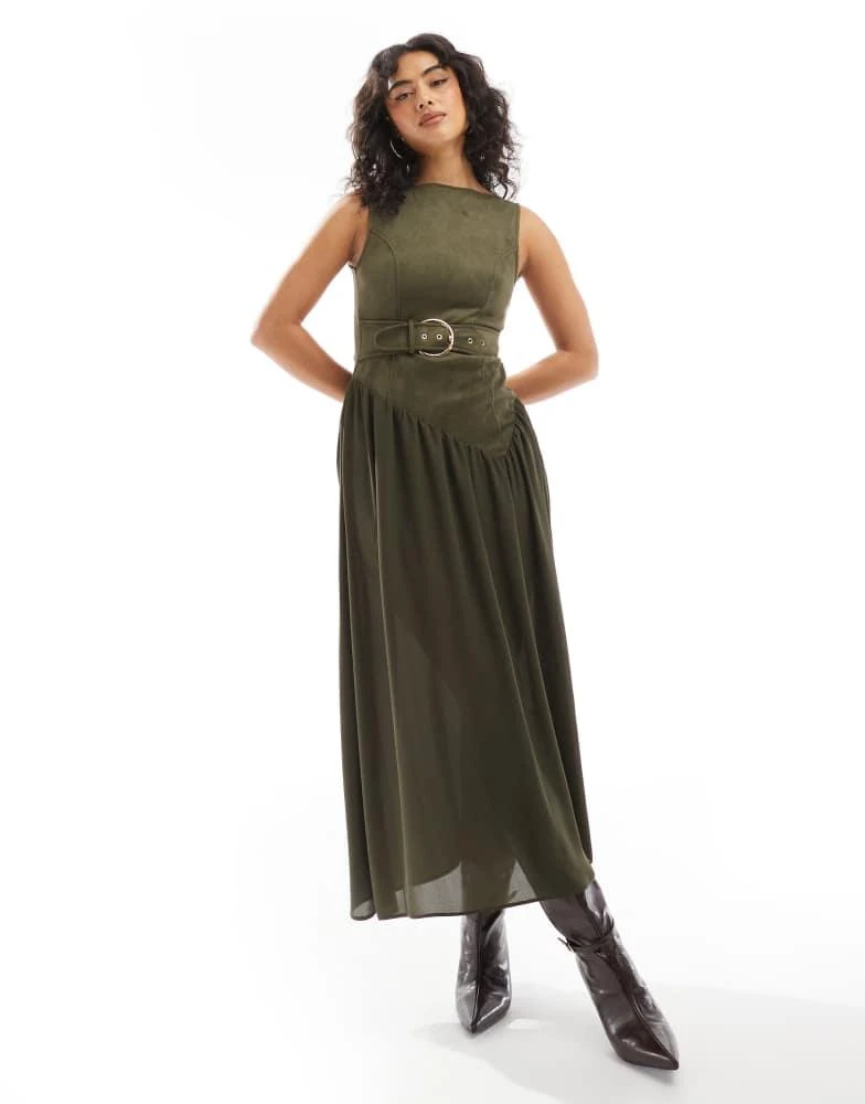 ASOS ASOS DESIGN suede buckle asymmetric waist midi dress in khaki 1