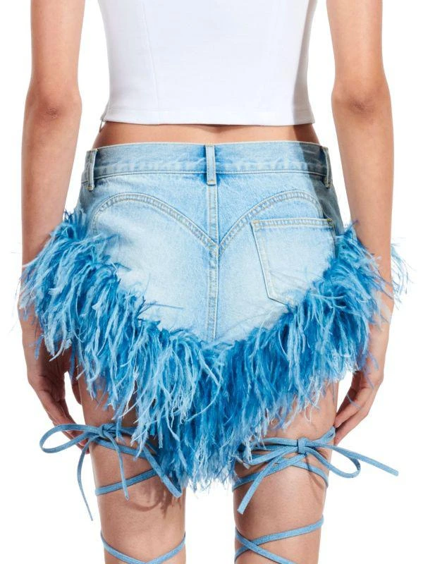 AREA Feather Trim Denim Shorts 2