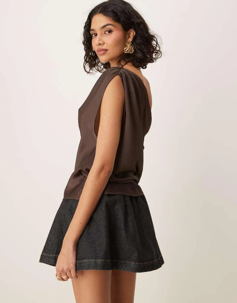 ASOS ASOS DESIGN chiffon draped off shoulder top in chocolate 4