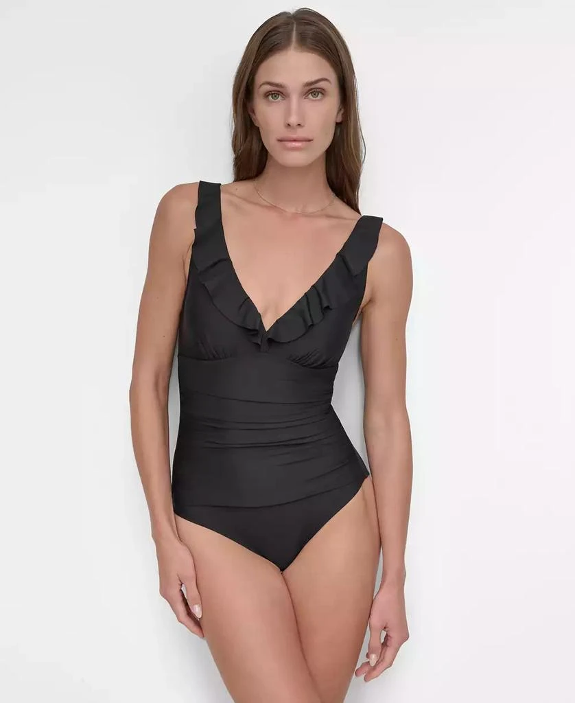 DKNY Ruffle Plunge Underwire Tummy Control One-Piece Swimsuit, Created for Macy's 1