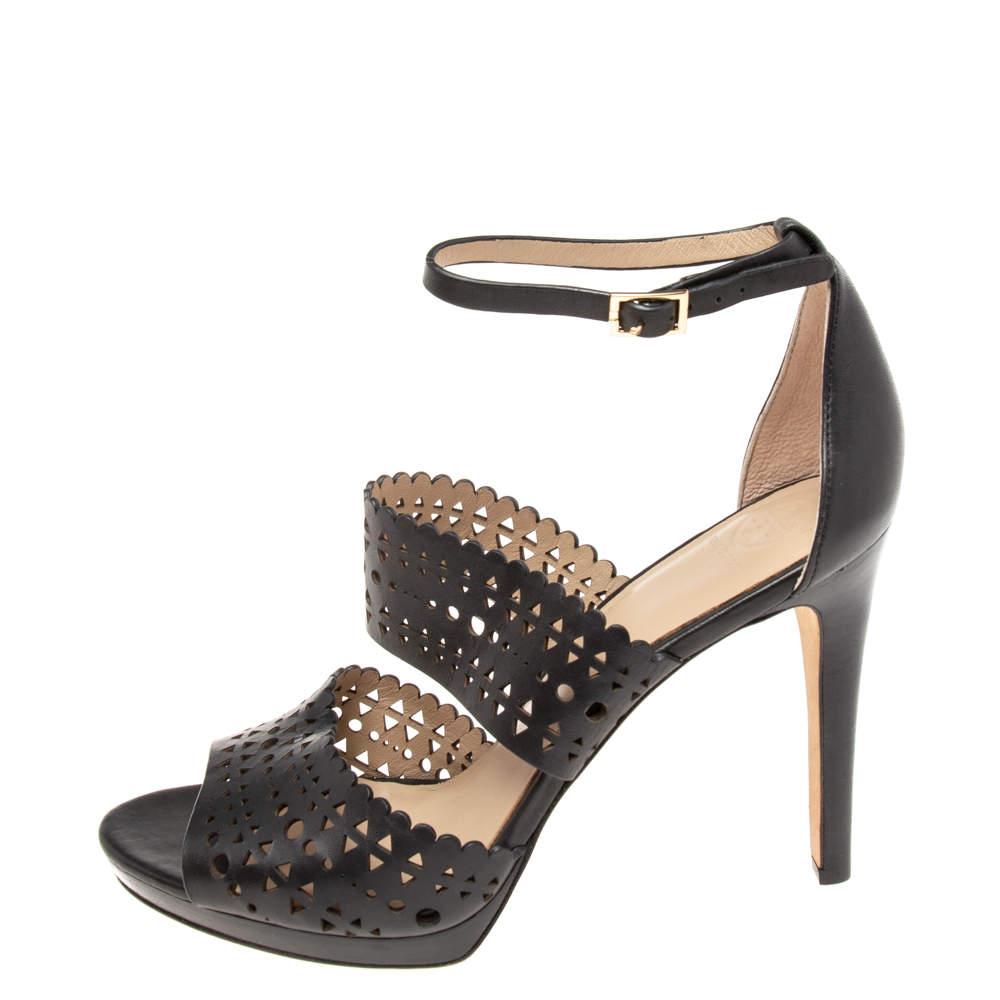 Tory Burch Tory Burch Black Laser Cut Scalloped Trim Leather Platform Ankle Strap Sandals Size 40