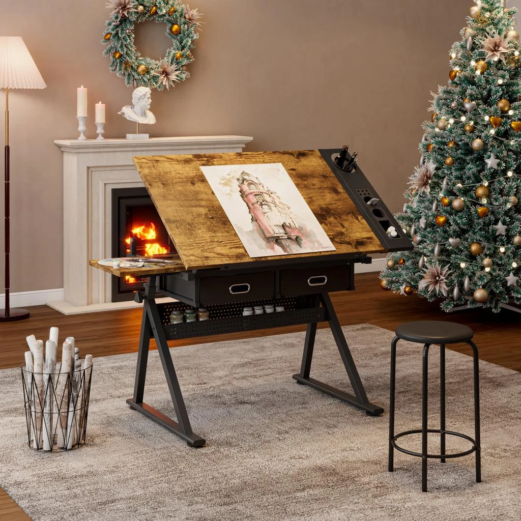 Streamdale Furniture Streamdale Adjustable Drawing Drafting Table Desk with 2 Drawers 
Stool (Brown) 2