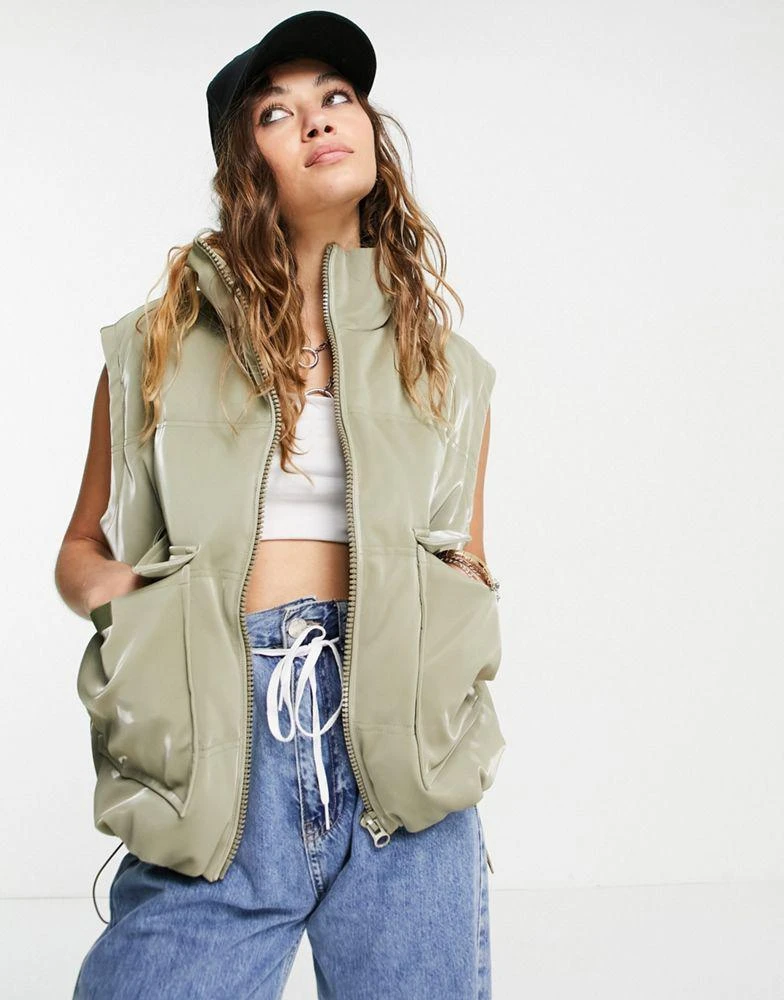 Topshop Topshop sheen puffer jacket with removeable sleeves in khaki 3