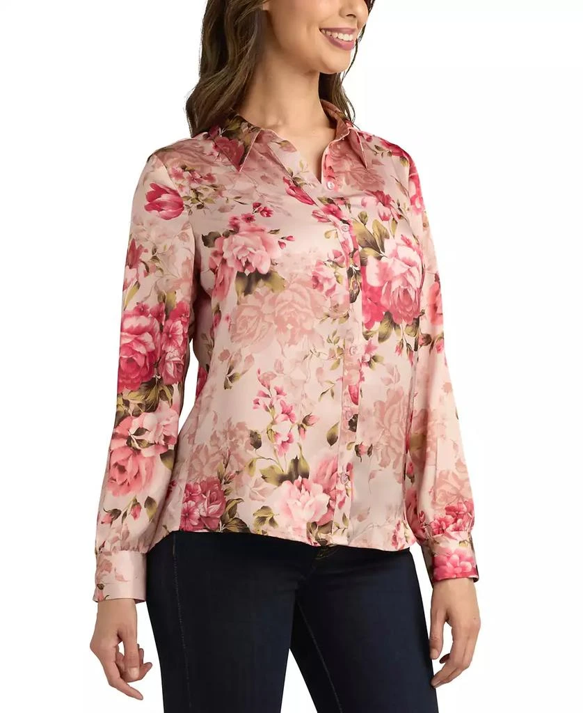 BCX Juniors' Printed Stretch Satin Button-Front Top 4