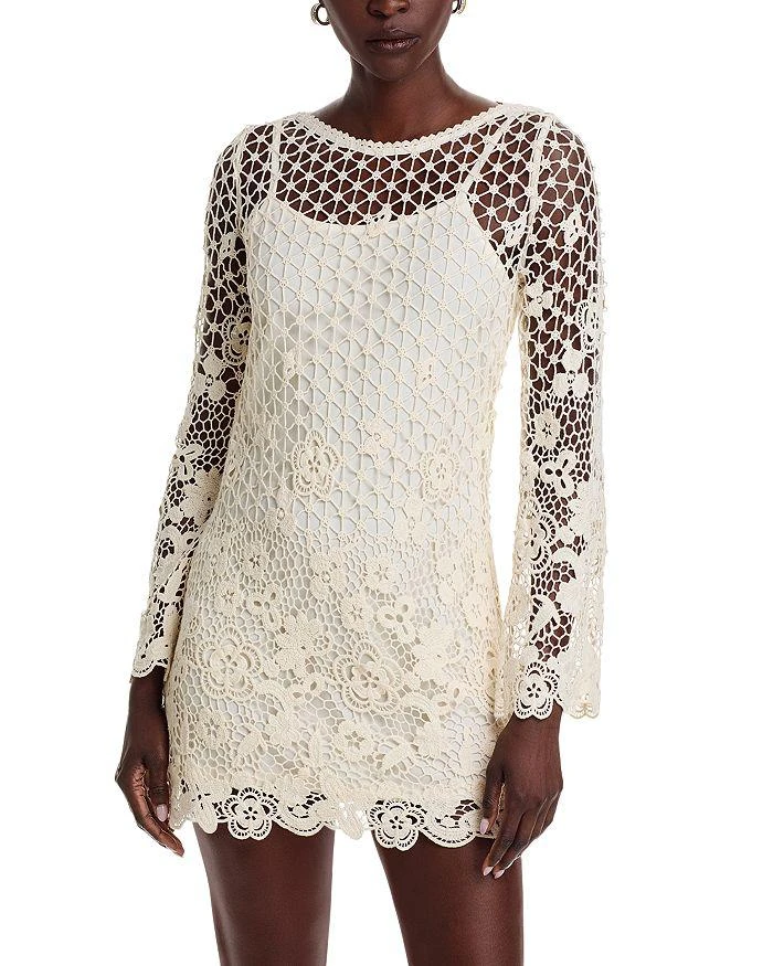 Aqua Crochet Boat Neck Bell Sleeve Dress - Exclusive - Natural - XXS