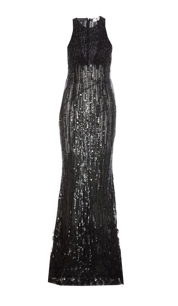 ELISABETTA FRANCHI Embroidered Red Carpet Dress With Organza Fringing