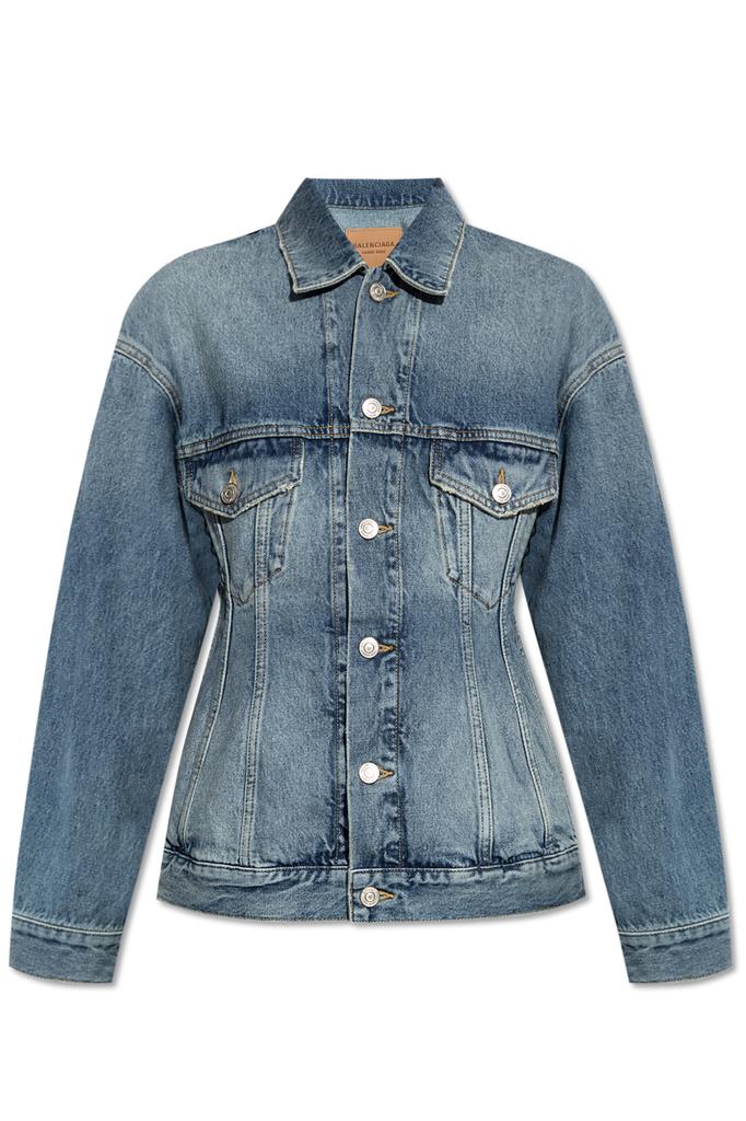 Shop Balenciaga Logo Rhinestone Embellished Denim Jacket on