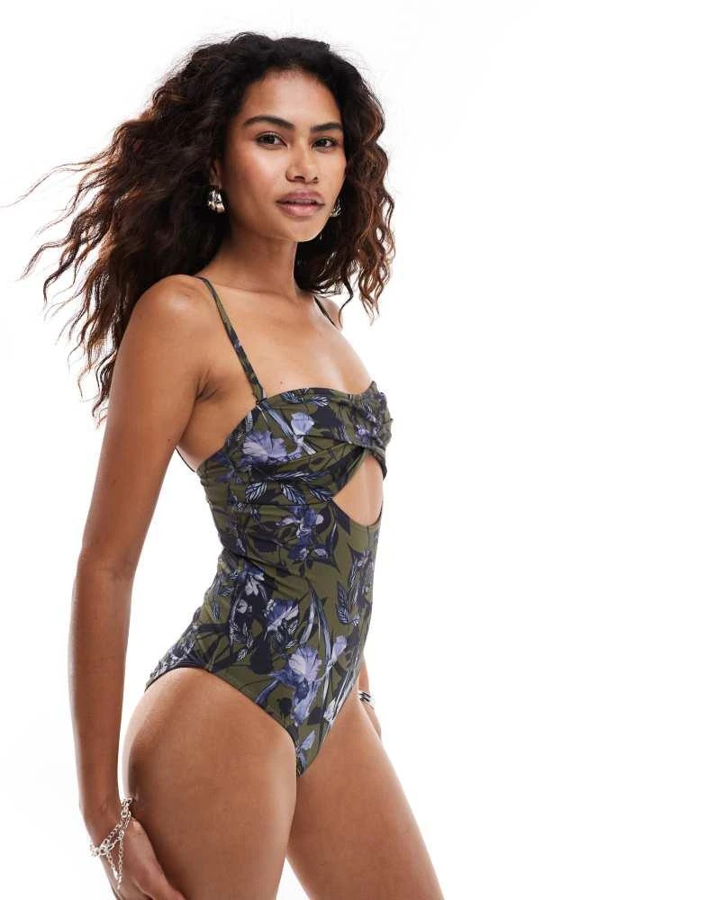 ALL SAINTS AllSaints Niki shirred bandeau swimsuit in black floral 1