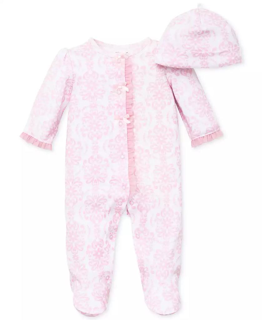 Little Me Baby Girls Damask Footed Coverall and Hat, 2 Piece Set