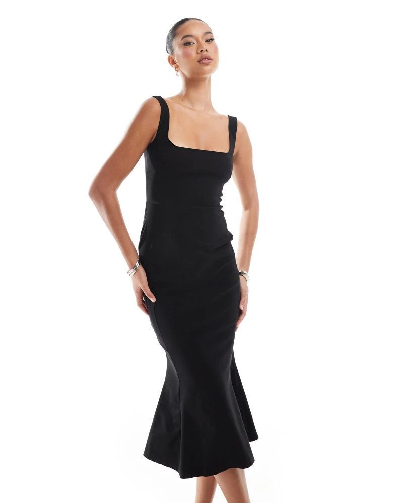 Vesper Vesper bengaline sleeveless square neck fishtail midi dress in black 1