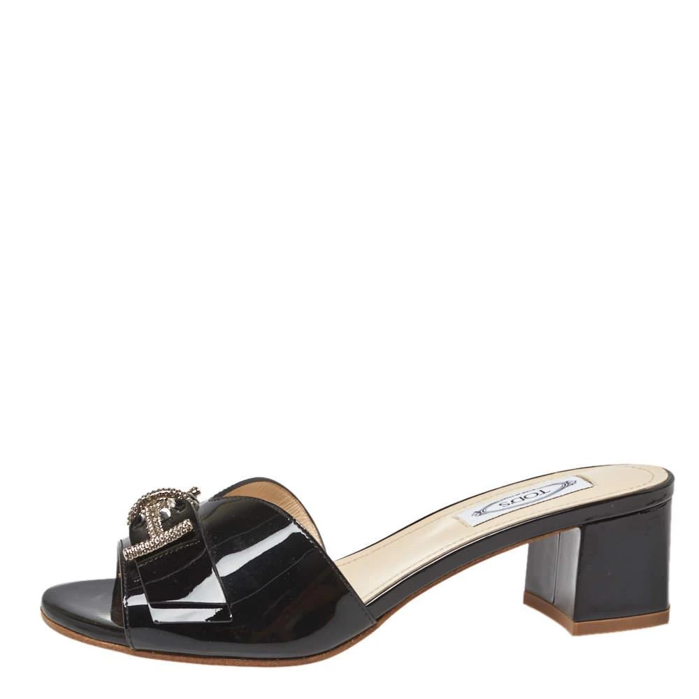 Tod's Tod's Black Patent Leather Double T Embellished Slide Sandals Size 36.5 2