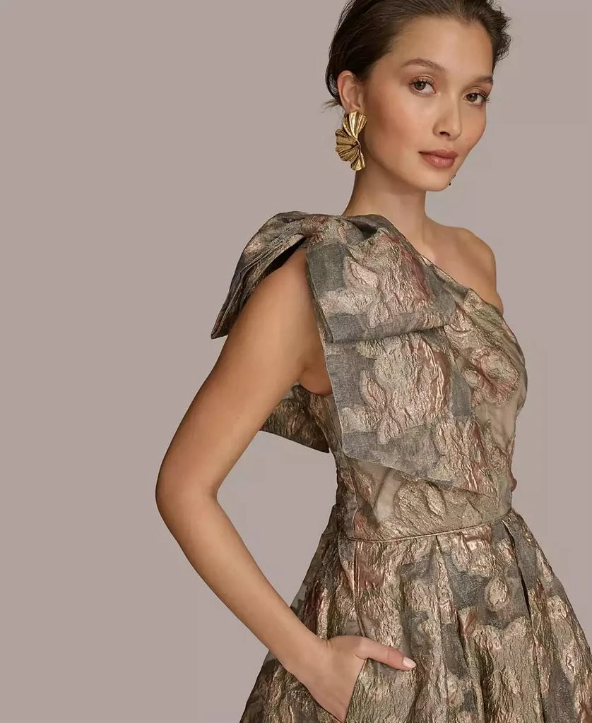 Donna Karan Women's Metallic Jacquard One-shoulder Bow Floral Ball Gown 6