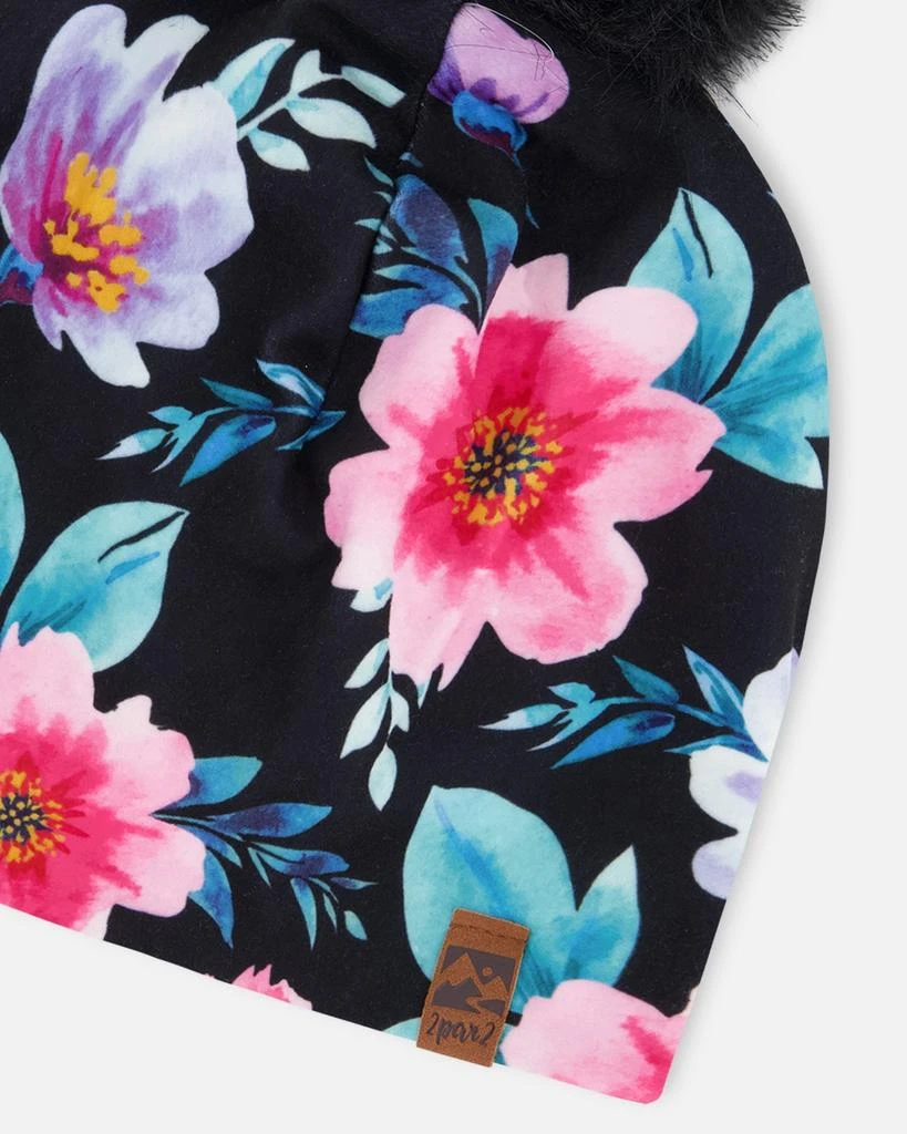 Deux par Deux Stretch Jersey Hat Black Printed Flowers with Pompom 4