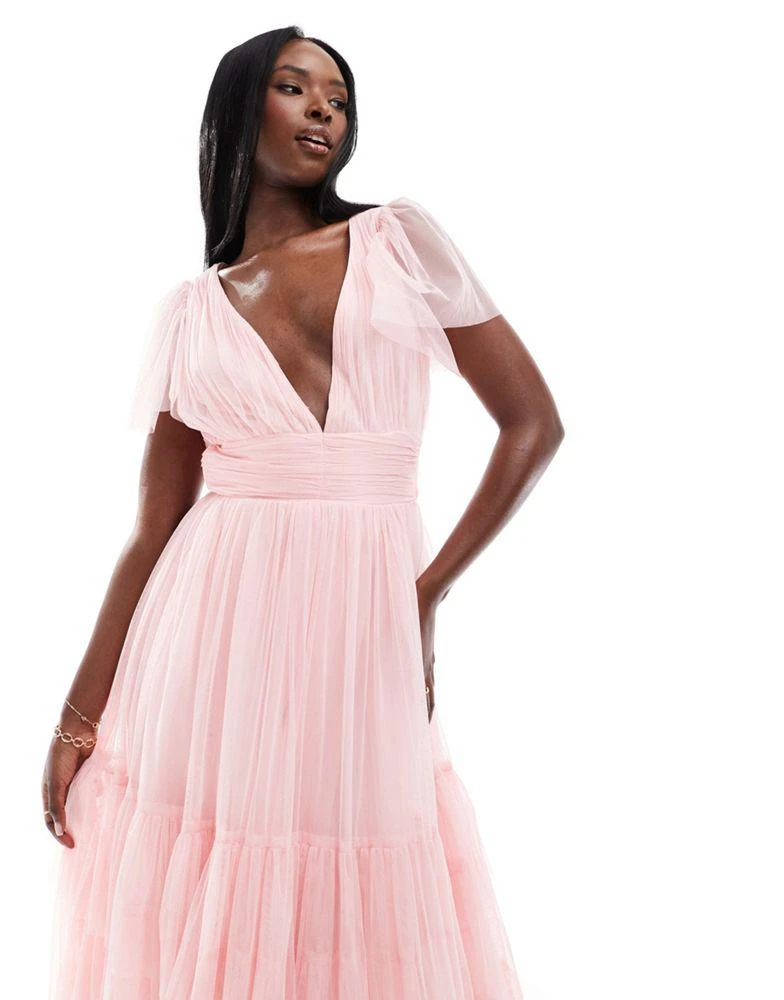 Lace & Beads Lace & Beads Bridesmaid Madison v neck tulle midi dress in soft pink 4