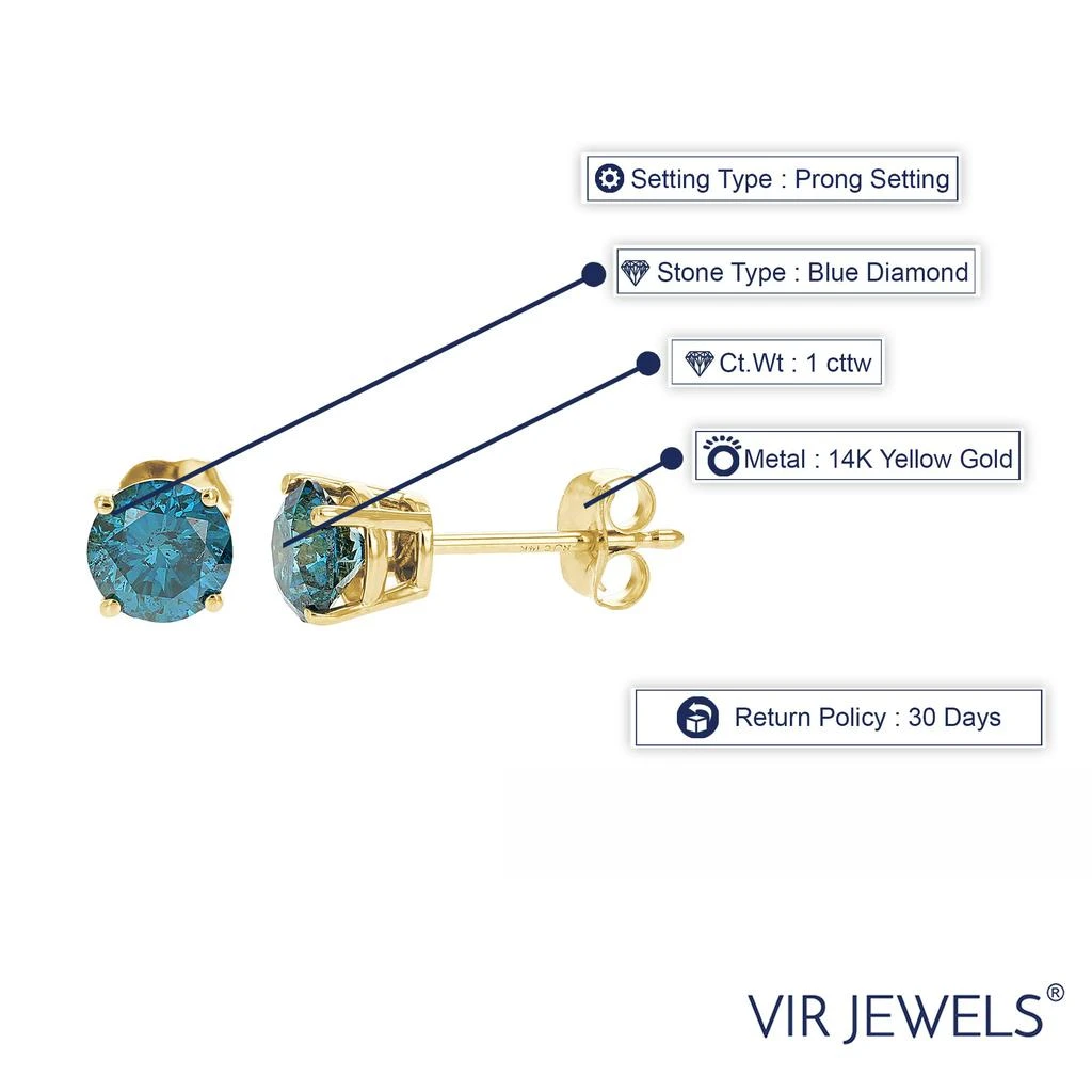 Vir Jewels 1.50 cttw Blue Diamond Stud Earrings 14k Yellow Gold Round Shape with Push Backs 3