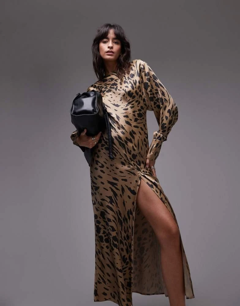 & Other Stories & Other Stories volume sleeve satin maxi dress with drape back detail in leopard print 1