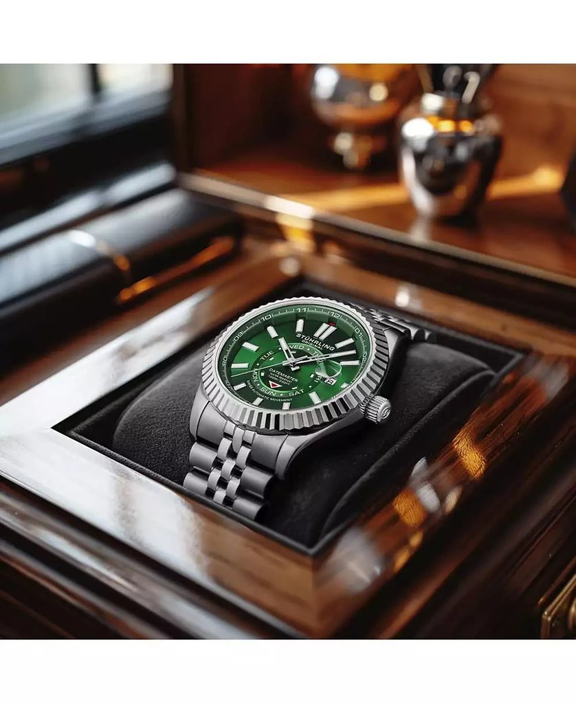 Stuhrling Datemaster II Men’s Swiss Automatic 42mm Stainless Steel Watch, Green Dial, Fluted Bezel, Day & Date, 100M Water Resistant 6