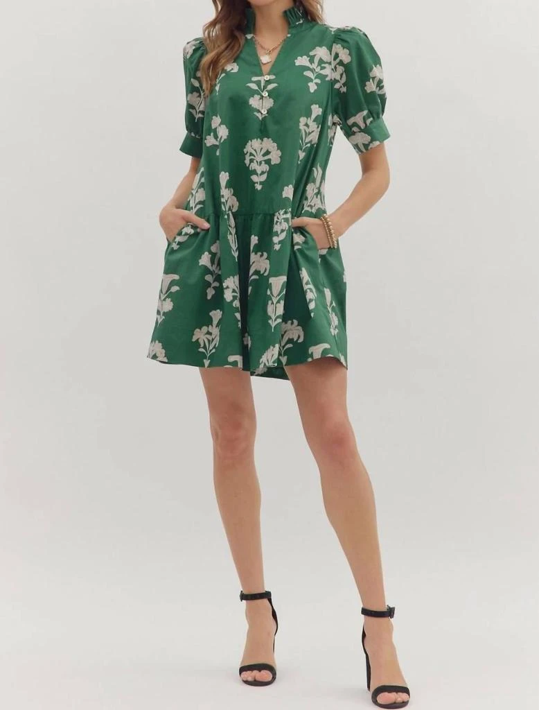 green emerald velvet dress Scallop Floral Caftan Mini Dress - Entro main image 0