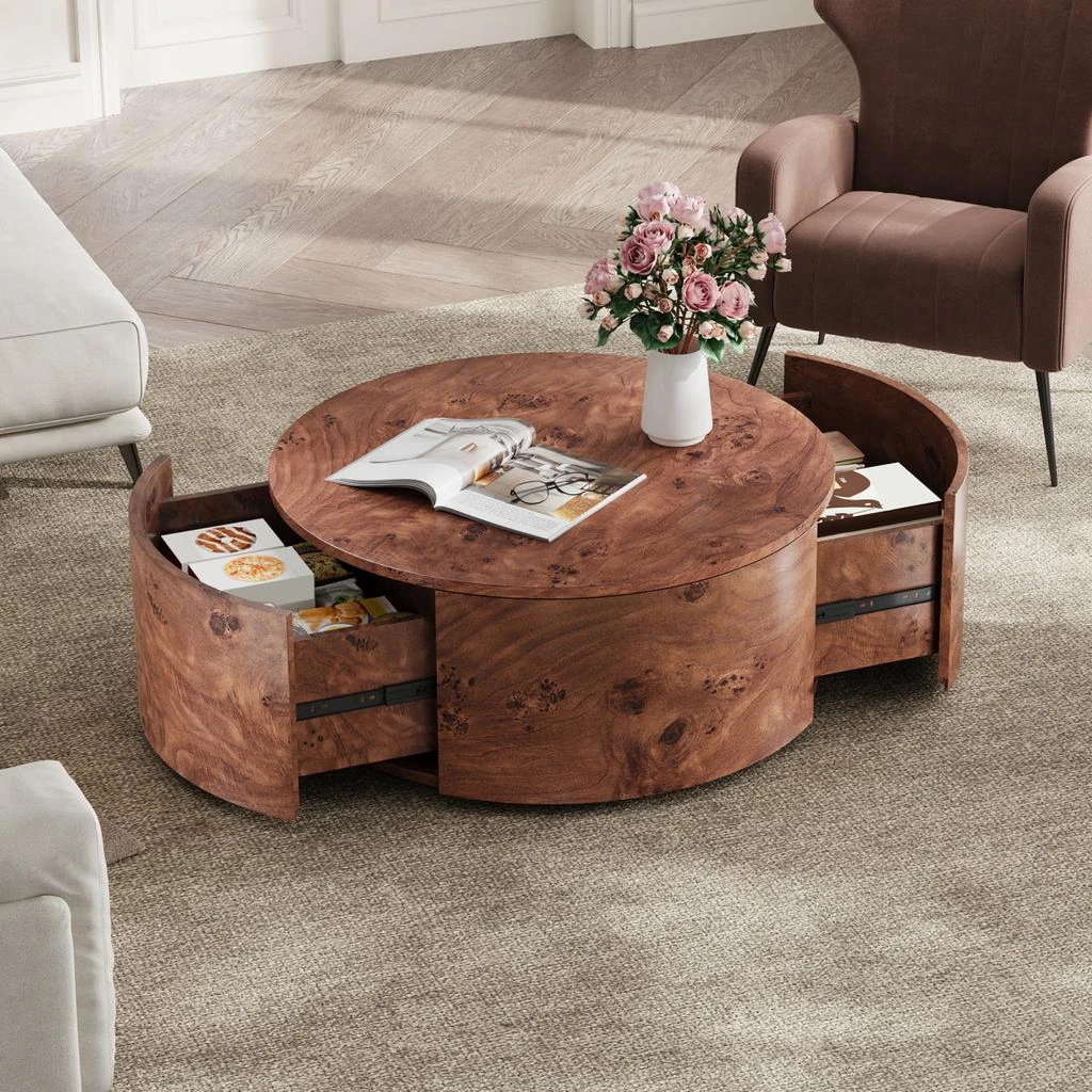 Streamdale Furniture Streamdale Burl Wood Rotating Coffee Table with 2 Drawers, 360° Rotating Top, Walnut, 28.4" 2