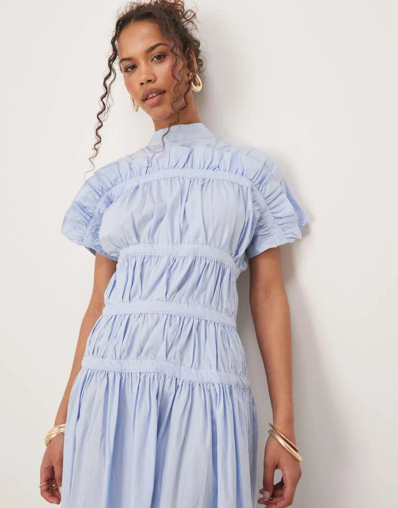 Ghospell Ghospell high neck ruched midi dress in blue 3