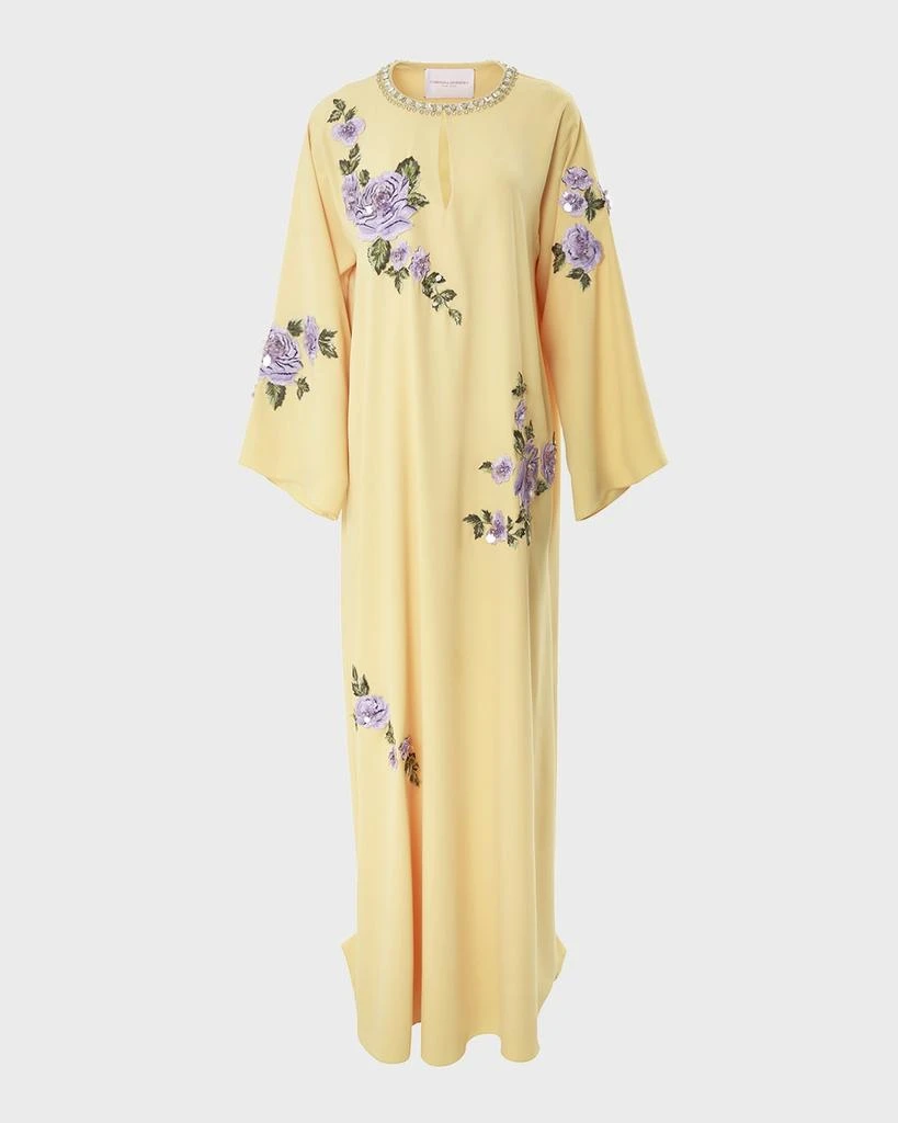 Carolina Herrera Floral Embroidered Crystal Long-Sleeve Caftan Gown 1