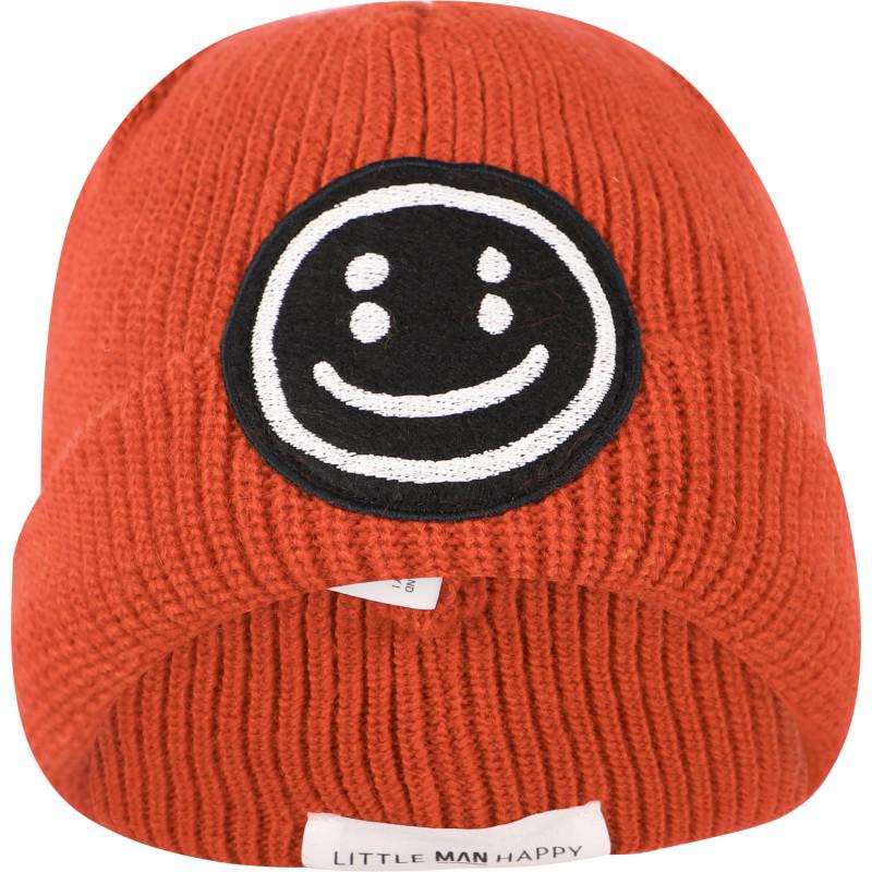 Little Man Happy Appliqued smile ribbed winter beanie in rusty red