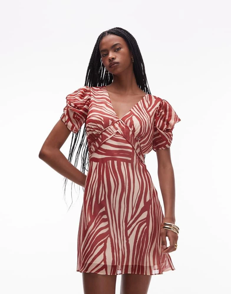 Topshop Topshop pinned sleeve mini tea dress in red and beige zebra 1