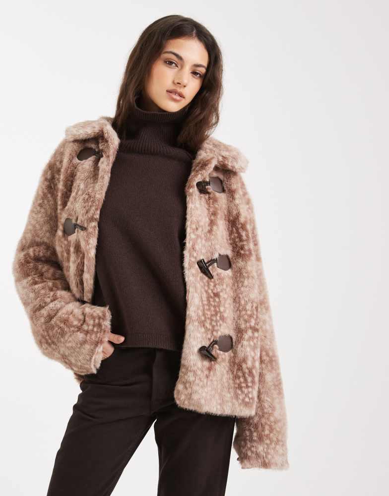 Hollister トグルファージャケット ブラウン S HOLLISTER Hollister faux fur toggle jacket in deer print - Jackets