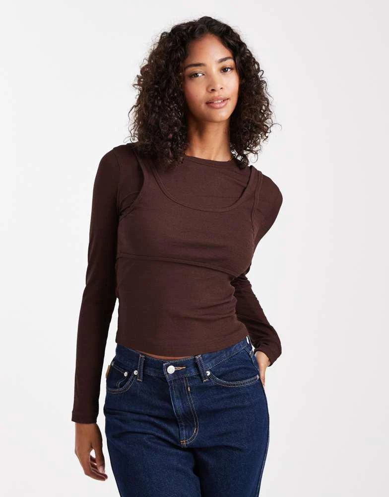 ASOS ASOS DESIGN textured mesh cami layered long sleeve top in chocolate