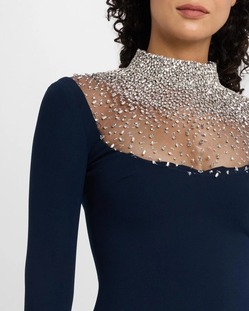 Naeem Khan Crystal Beaded Crepe Long-Sleeve Illusion Gown 5