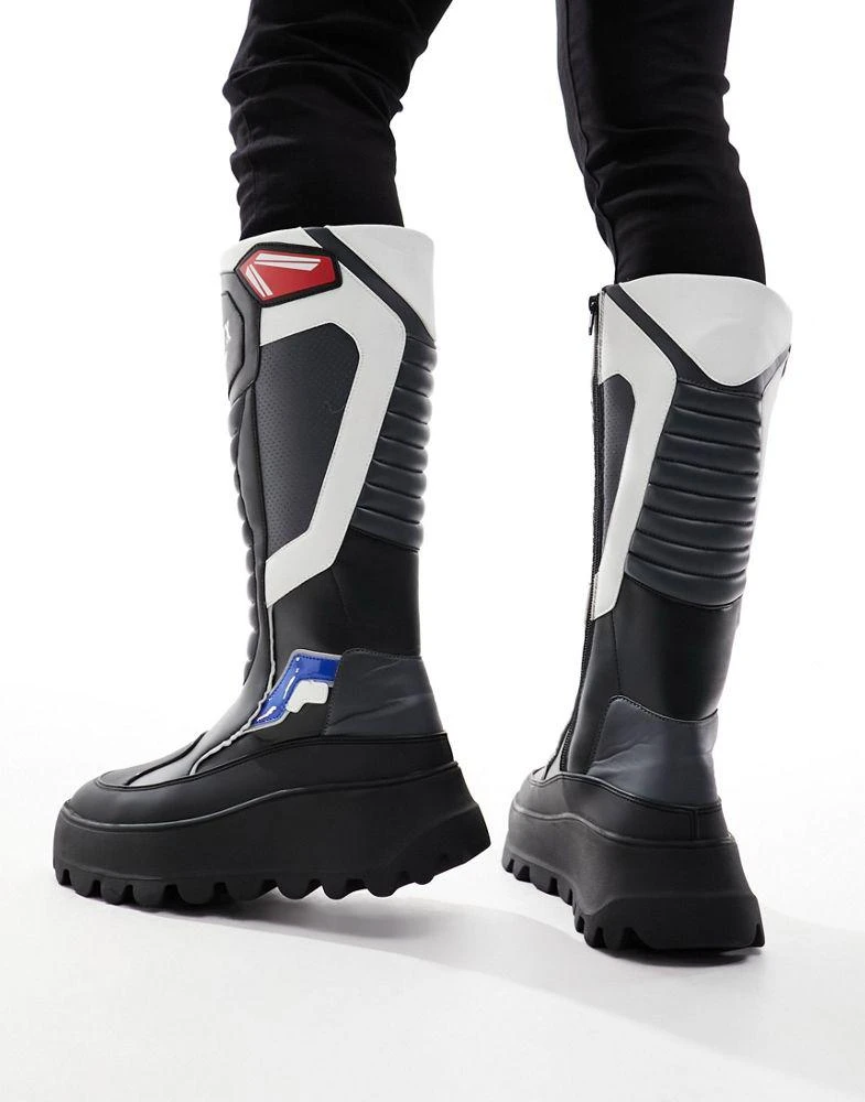 ASOS ASOS DESIGN chunky knee high biker boot with motocross details in black 2