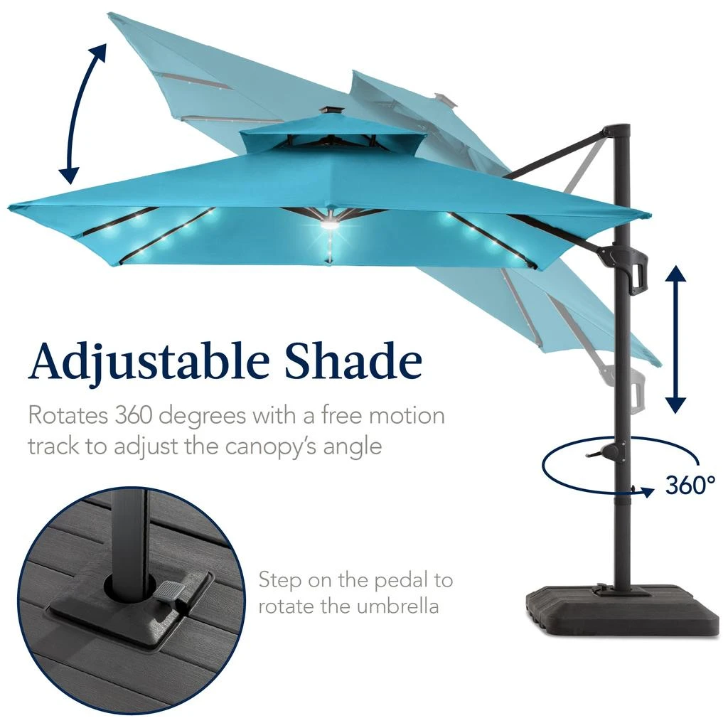 Best Choice Products 12x12ft 2-Tier Square Outdoor Solar LED Cantilever Umbrella w/ 360-Rotating Base  – 5