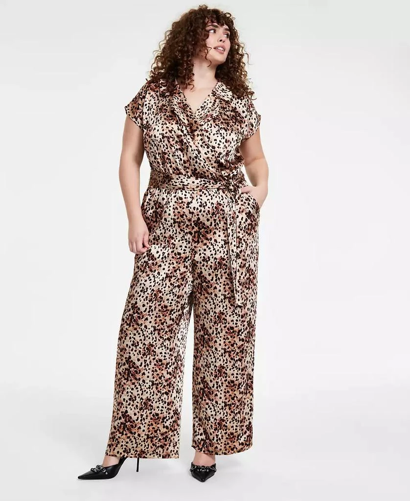 Bar III Trendy Plus Size Short-Sleeve Wrap-Front Belted Satin Jumpsuit, Created for Macy's 1